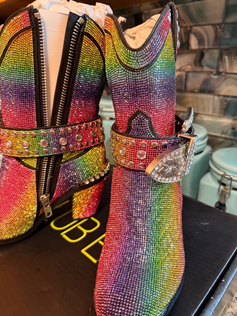 Dolls Kill CLUB EXX Pride Rainbow Sheriff Shine Rhinestone Cowboy Boots - Picture 3 of 10